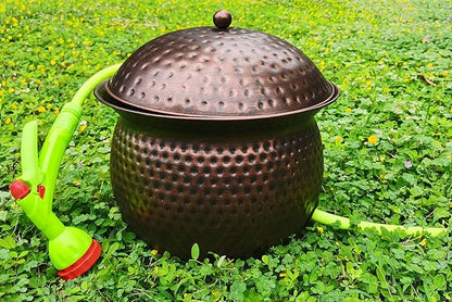 BSTGIFTS Garden Hose Holder Pot with Lid - Hose Storage Pot with Copper Finish and Hammered Accent - Stell Water Hose Container, Water Hose Hider Outdoor or Indoor Use