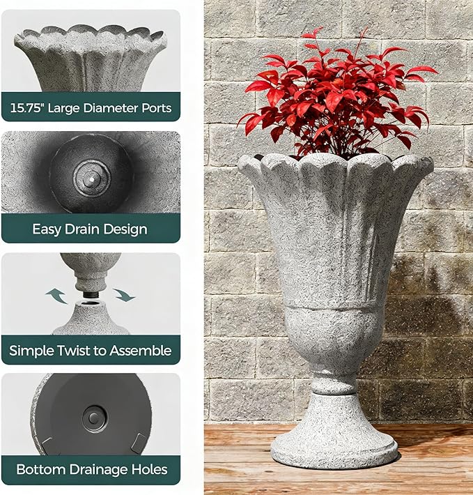 23.6" Tall Plastic Urn Planters for Outdoor Plants with Drainage Holes & Petal Design, Set of 2 Heavy-Duty Classic Indoor Large Flower Pots, Outdoor Planters for Porch/Home/Garden, Gray
