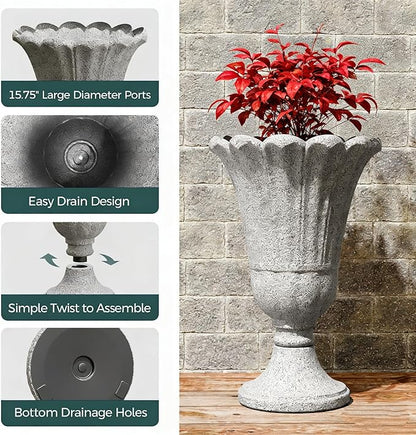 23.6" Tall Plastic Urn Planters for Outdoor Plants with Drainage Holes & Petal Design, Set of 2 Heavy-Duty Classic Indoor Large Flower Pots, Outdoor Planters for Porch/Home/Garden, Gray