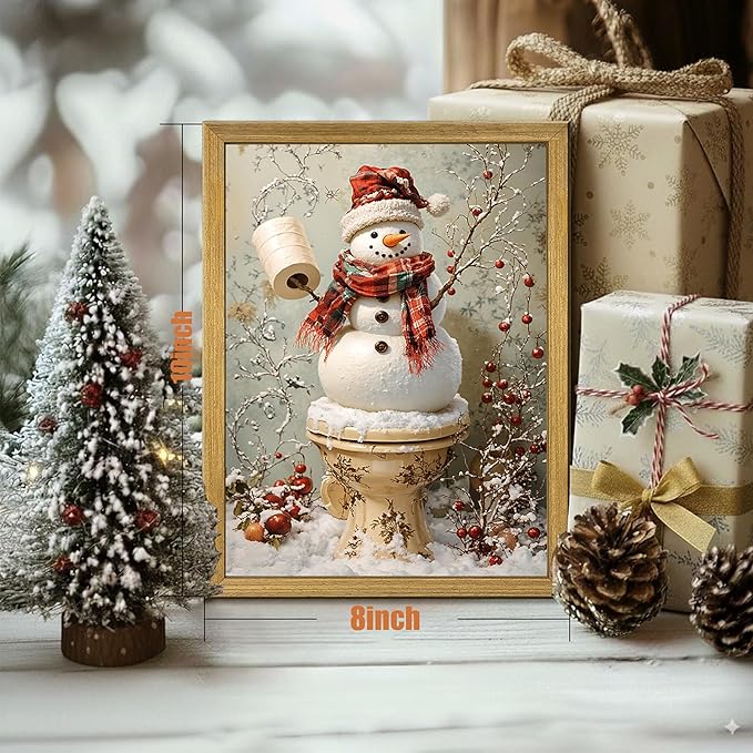 Vintage Snowman Christmas Wall Art, Cute Snowman Canvas Prints Poster, Winter Farmhouse Painting Artwork Picture, Rustic Holiday Christmas Wall Decor for Living Room Bathroom 8x10 Inch Framed