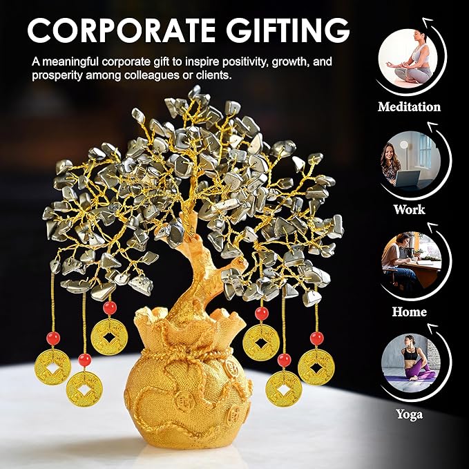 Pyrite Crystal Tree with Artificial Coin Pot Base Bonsai for Home & Office Decor Good Luck 6 Feng Shui Coins Money Wealth Tree Golden Crystal Spiritual Gifts for Women Mom Sister Desk Bookshelf Decor