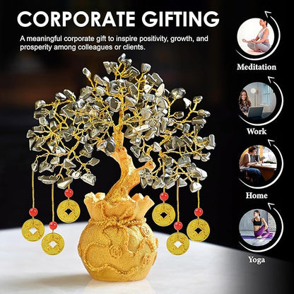 Pyrite Crystal Tree with Artificial Coin Pot Base Bonsai for Home & Office Decor Good Luck 6 Feng Shui Coins Money Wealth Tree Golden Crystal Spiritual Gifts for Women Mom Sister Desk Bookshelf Decor