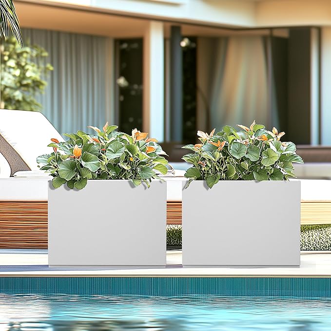 Rectangle Planter for Indoor & Outdoor, Tall and Long Planter Boxes with Drainage Holes, Mental Divider Planter Box All-Weather Use for Plants, Flowers, 35" L x 9" W x 26" H, White