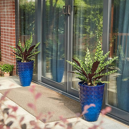 Glitzhome 19.75"H Tall Planters for Outdoor Plant,Tall Outdoor Planters with Drainage Holes,Faux Ceramic Diamond Textured,Large Gradient Cobalt Blue Planter Garden Flower Pots for Porch,Patio,Set of 2
