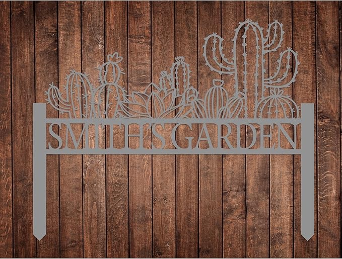 Personalized Cactus Metal Garden Sign, Large Garden Decoration Metal Sign with Stakes, Custom Gardener Family Name Sign, Cactus Decor for Outdoor, Patio Decorative, Yard Art, New Home Gift