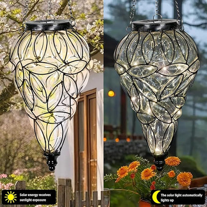 Solar Hanging Lantern Outdoor Garden Lights, Tear-Shaped Glass and Metal Hanging Lantern, 15 Firefly LED Lights, 7 x 24 Inch (Clear)