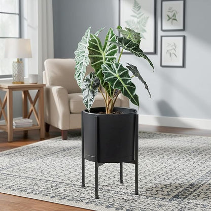D'vine Dev 8 Inch Black Planter Pot with Stand – Modern Plastic Cylinder Flower Pot with Heavy-Duty Metal Stand for Indoor Plants, 55-D-B-1