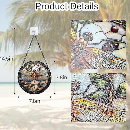 Stained Glass Window Hanging - Dragonfly Plant Suncatcher Ready to Hang Window Doors Home Decoration, Christmas, Mother's Day Birthday Gifts for Women, Men, and Mom 7.8x7.8 in