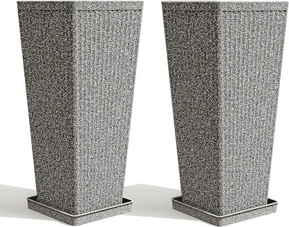 Tapered Tall Planters for Outdoor Plants 2 Pack- 23.6 Inch Heavy-Duty Classic Square Indoor Flower Pots with Drainage Holes/Partition/Tray, Large Outdoor Planters for Porch Patio, Gray