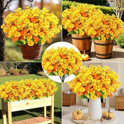 Uieke Artificial Fake Flowers, 6 Bundles Daisy Mums Flowers Outdoor UV Resistant No Fade Greenery Shrubs Plants Indoor Outside Hanging Planter Home Wedding DIY Garden Porch Décor (Orange Yellow)