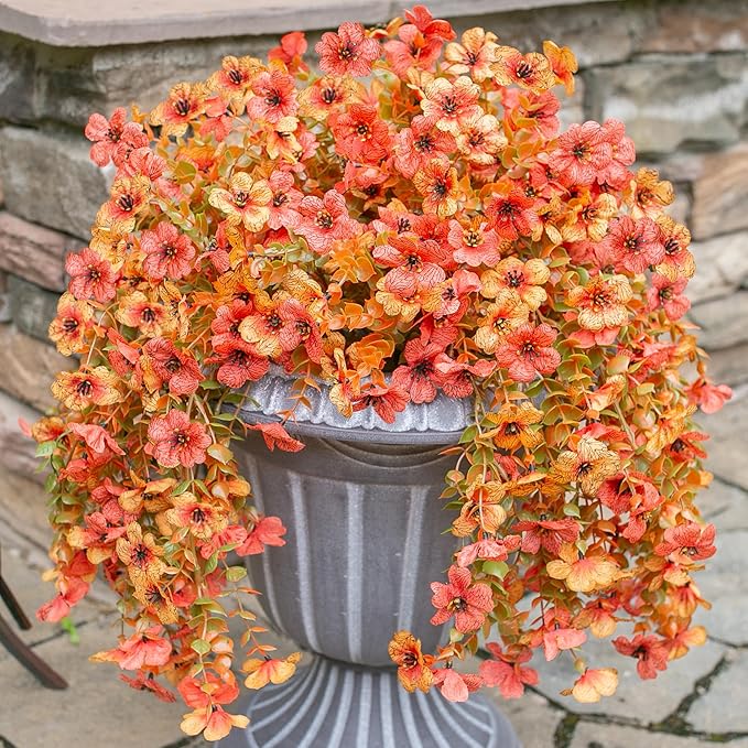 HyeFlora Artificial Flowers for Outdoors Fall Decoration, 2Pcs Fall Orange Yellow Hanging Flowers with Autumn Eucalyptus Leaves Faux Silk Flower Decor for Home Porch Patio Balcony Planter Yard