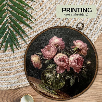 cvjutf Antique Pink Peony Floral Wall Art Decor Framed, Rustic Country Flower Round Wall Decor, Vintage Peony Floral Canvas Prints Art for Gallery Bathroom Living Room Bedroom, 10x10 Inch