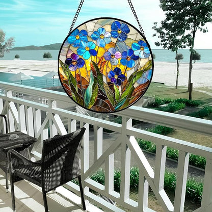 Stained Glass Window Hanging - Blue Wildflower Plant Flowers Sun Catcher for Door Garden Home Decor Suncatcher Christmas Mother's Day Birthday Gifts for Women Men Mom Nana 11.8 in