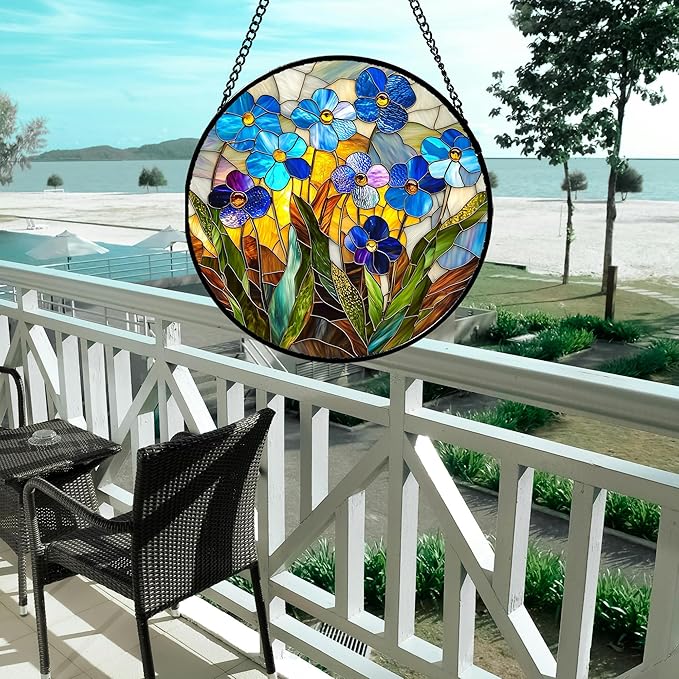 Stained Glass Window Hanging - Blue Wildflower Plant Flowers Sun Catcher for Door Garden Home Decor Suncatcher Christmas Mother's Day Birthday Gifts for Women Men Mom Nana 6.3 in