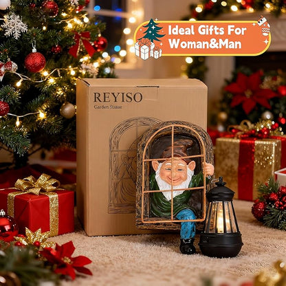 Gnomes Statue with Solar Lights Christmas Decorations Whimsical Fairy Garden-Elf Outdoor Tree Hugger Garden Statues- Tree Face Sculpture, Yard Art for Patio,Fence,Lawn,Wall Gnomes Ornament