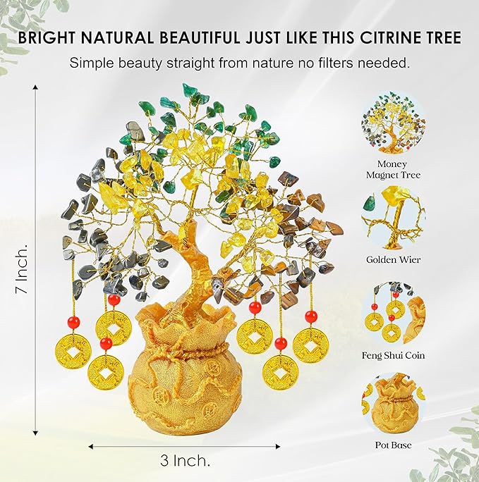 Crocon Money Wealth Crystal Tree with Artificial Coin Pot Base Bonsai for Home & Office Decor Good Luck 6 Feng Shui Coins Money Tree Crystal Spiritual Gifts for Women Mom Sister Desk Bookshelf Decor