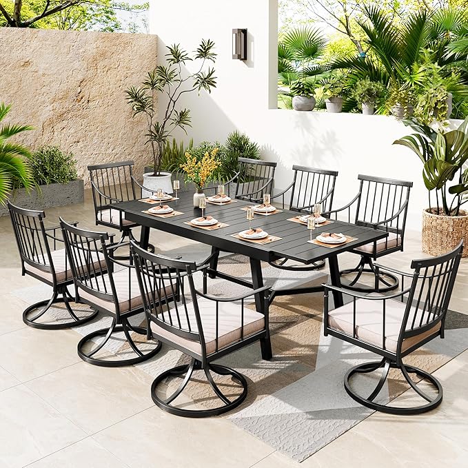 PHI VILLA 9 Pieces Outdoor Dining Set for 8, 84" Long Expandable Metal Table & Swivel Wrought Iron Chairs with Cushions, Large Furniture Set for Patio, Deck, Yard, Porch - Black