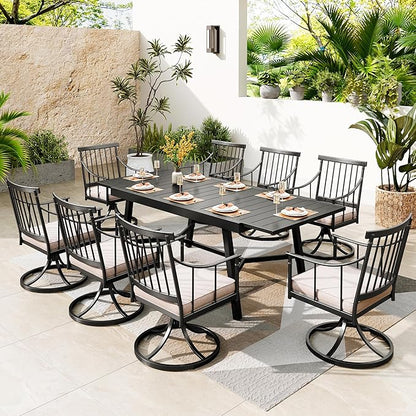 PHI VILLA 9 Pieces Outdoor Dining Set for 8, 84" Long Expandable Metal Table & Swivel Wrought Iron Chairs with Cushions, Large Furniture Set for Patio, Deck, Yard, Porch - Black