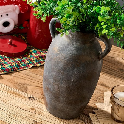 9.84 Inch Terracotta Vase with Handles, Ceramic Rustic Vase for Home Decor, Vintage Antique Farmhouse Decor for Living Room, Table, Thanksgiving - Black Bronze