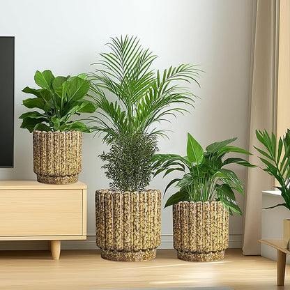 Ceramic Planter - 7.6 Inch Ceramic Plant Pots Indoor, Round Flower Pots with Drainage Hole, Fluted Decorative Outdoor Planters, Office Home Decor, Plant Lover Gifts, Yellow