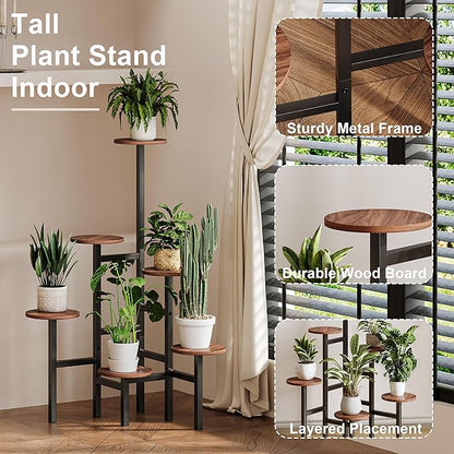 6 Tier Corner Plant Stand Indoor Outdoor, Tall Large Plant Shelf for Multiple Plants, Tiered Flower Pot Holder, Metal Display Plant Shelves for Living Room, Balcony, Patio, Garden(Walnut Brown)GPS514DB