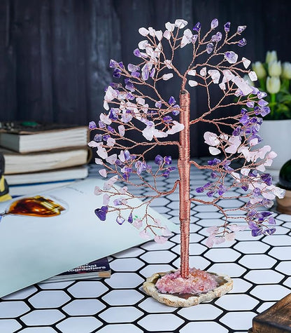 Amethyst & Rose Quartz Crystal Tree of Life - Handmade Gemstone Tree, Geode Agate Slice Base, Chakra Tree of Life, Feng Shui Tree, Money Tree, Crystal Decorations, Spiritual Gifts, Healing Crystal