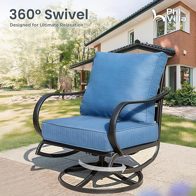 PHI VILLA 5 PCS Patio Furniture Set, Metal Deluxe Patio Set with 1 x 3 Seater Deep Seating Bench, 2 x Swivel Sofa Chairs & 2 x Metal Cushioned Ottoman, Outdoor for Garden, Peacock Blue
