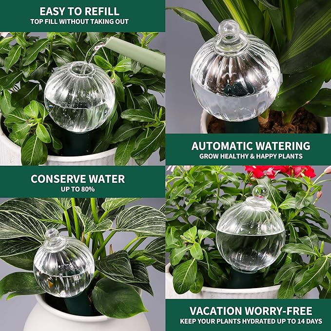 12 oz Plant Watering Globes Top Fill, Clear Glass Water Bulbs with Terracotta Spikes Stake, Vacation Slow Release Self Watering Planter Insert, Automatic Drip Device, 4 Pack