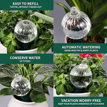12 oz Plant Watering Globes Top Fill, Clear Glass Water Bulbs with Terracotta Spikes Stake, Vacation Slow Release Self Watering Planter Insert, Automatic Drip Device, 4 Pack