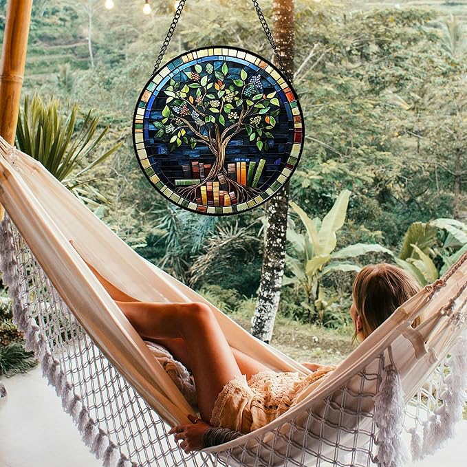 Stained Glass Window Hanging Green Life Tree Berry Book Large 15" - Blue Suncatcher Door Garden Sun Catcher Home Decor Birthday Christmas for Mom Men Woman Nana Friend