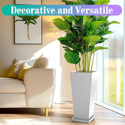 24 Inch Tall Tapered Square Planters (Set of 2) - Indoor Outdoor Large Flower Pots with Built-in Drainage & Matching Water Tray for Patio, Garden, Home - White