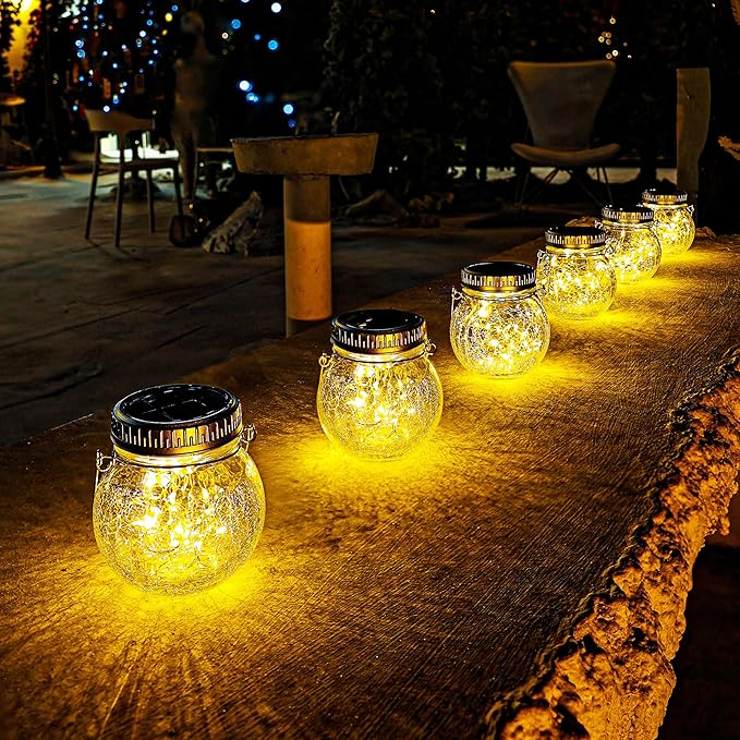 Cooo 2 Pack Crackle Glass Solar Lantern with 30 LED Firefly Lights– Waterproof Outdoor Hanging Lamp 215% Larger Solar Panel, Anti-Rust Lids Decorative Lighting for Garden Patio Christmas Decorations