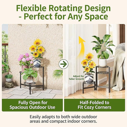 Metal Plant Stand Outdoor Indoor, 3 Tier Foldable Corner Tall Plant Shelf for Multiple Plants Flower Pot Holder Display Stand for Living Room Balcony Garden Patio -BlackS