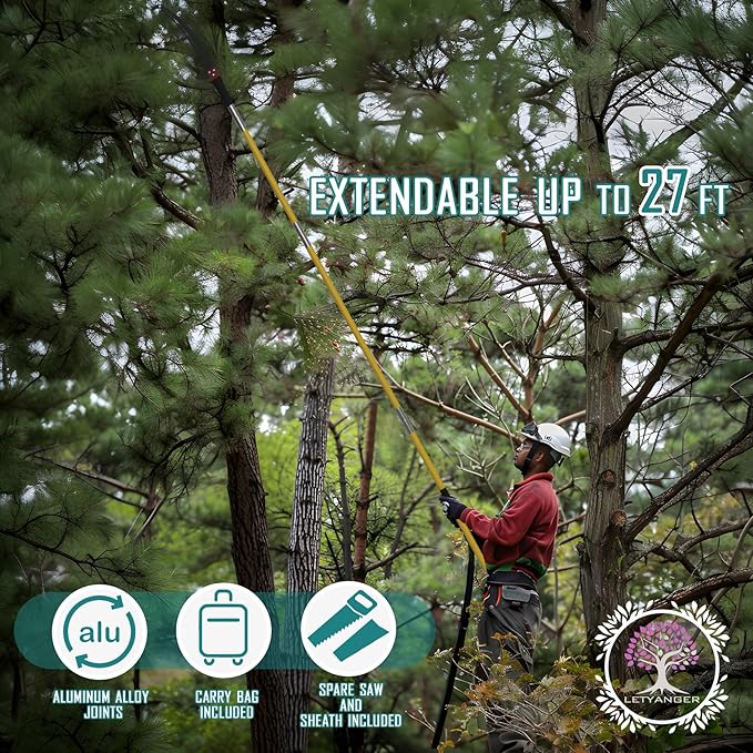 Pole Saws for Tree Trimming, 7.3-27 ft Extendable Tree Trimmers Long Handle Pruner, Sharp Steel Blade and Scissors High Branches Trimming, Tree Pruner, Tree Saw (7.3-27 ft with Scissors)
