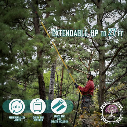 Pole Saws for Tree Trimming, 7.3-27 ft Extendable Tree Trimmers Long Handle Pruner, Sharp Steel Blade and Scissors High Branches Trimming, Tree Pruner, Tree Saw (7.3-27 ft with Scissors)