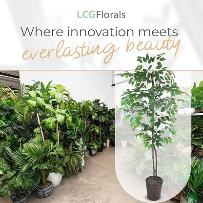 6ft Artificial Ficus Tree in Copper Metal Pot with Real-Wood Trunk - Indoor and Outdoor Faux Plants for Patio, Living Rooms, Offices & Outdoor Spaces
