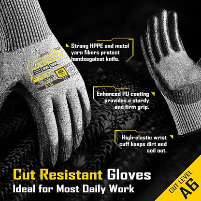 COOLJOB 12/120 Pairs Cut Resistant Safety Work Gloves with Grip, 13 Gauge Seamless Shell with PU Coating, ANSI A2 A4 A6, Gray