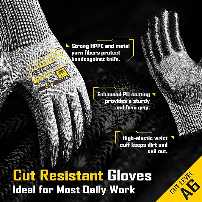 COOLJOB 12/120 Pairs Cut Resistant Safety Work Gloves with Grip, 13 Gauge Seamless Shell with PU Coating, ANSI A2 A4 A6, Gray