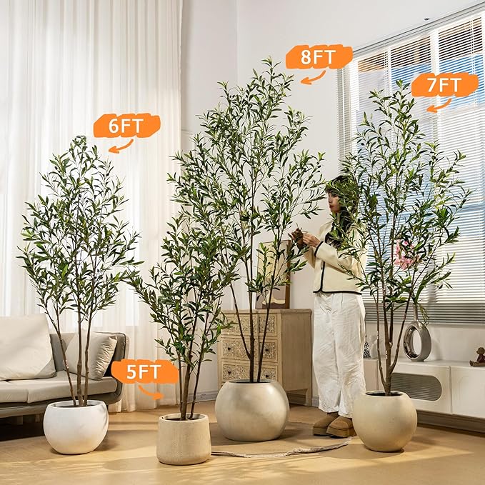 6FT Artificial Olive Tree Tall Faux Silk Plant Tall Faux Olive Tree with Natural Wood Trunk & Lifelike Fruits Fake Potted Tree or Home Office Decor