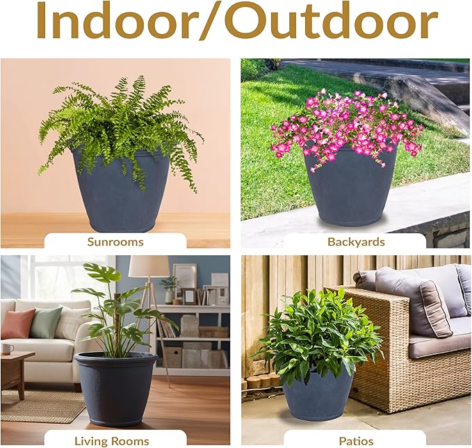 Sunnydaze 24-Inch Anjelica Large Plastic Pot for Plants - Double-Walled Outdoor Polyresin Round Planter Porch Pot with Drillable Drainage Holes - Slate - 3pk