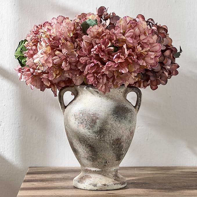Ceramic Rustic Flower Vase with Handles, 8.46 Inch Tall Vintage Pottery Home Decor, Farmhouse Terracotta Vase for Living Room, Table, Shelf, Mantel Decoration, Farmhouse- Brown