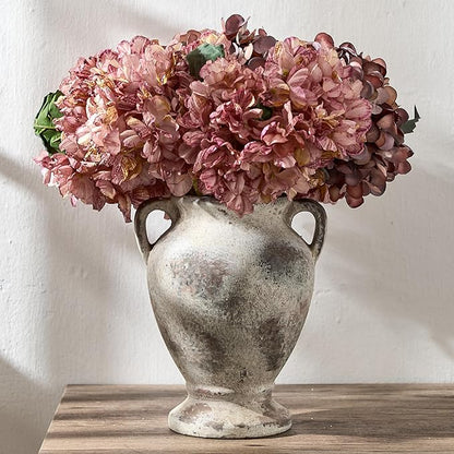 Ceramic Rustic Flower Vase with Handles, 8.46 Inch Tall Vintage Pottery Home Decor, Farmhouse Terracotta Vase for Living Room, Table, Shelf, Mantel Decoration, Farmhouse- Brown