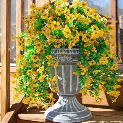 HyeFlora Artificial Hanging Flowers for Outdoors Decoration, 2pcs Fake Daisy with Eucalyptus Leaves for Garden Yard Porch (Yellow)