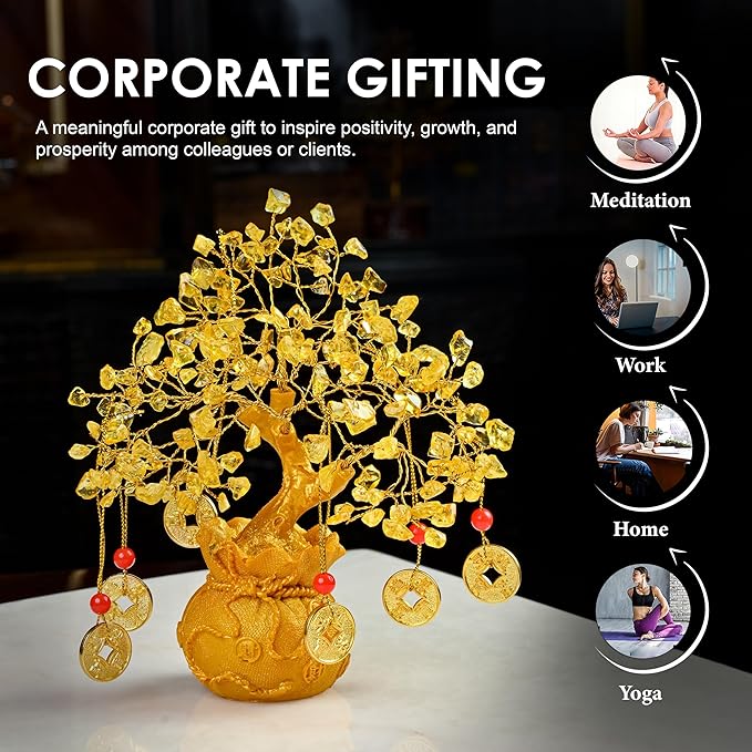 Citrine Crystal Tree with Artificial Coin Pot Base Bonsai Tree for Home & Office Decor Good Luck 6 Feng Shui Coins Money Tree Yellow Crystal Spiritual Gifts for Women Mom Sister Desk Bookshelf Decor