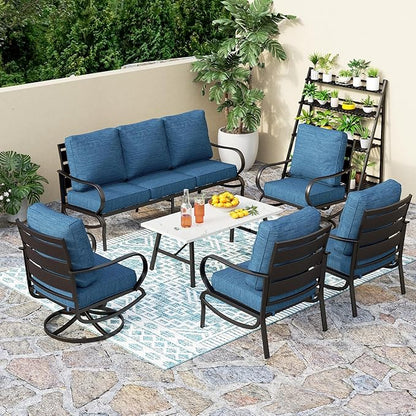 PHI VILLA 6 Piece Patio Furniture Sets with 1 x 3-Seat Wide Deep Seating Bench, 2 x Swivel Cushioned Sofa Chairs, 2 x Leg Sofa & 1 x Coffee Table, Outdoor Furniture Set for 7 Person, Peacock Blue