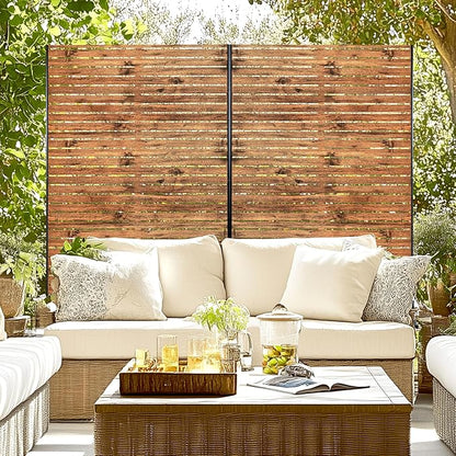 Metal Privacy Screen, 72" H×47" W Outdoor Privacy Screen, Freestanding Decorative Privacy Screen for Deck Balcony Patio, Natural Wood Brown