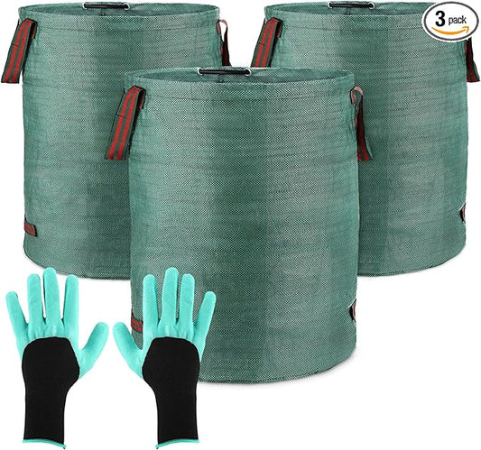 abcGoodefg Reuseable Yard Waste Bags, 72 Gallon Collapsible Lawn and Leaf Bags 3 Pack, Yard Bags Heavy Duty Extra Large wih Gardening Gloves, Garden Weed Trash Bags for Leaves Debris