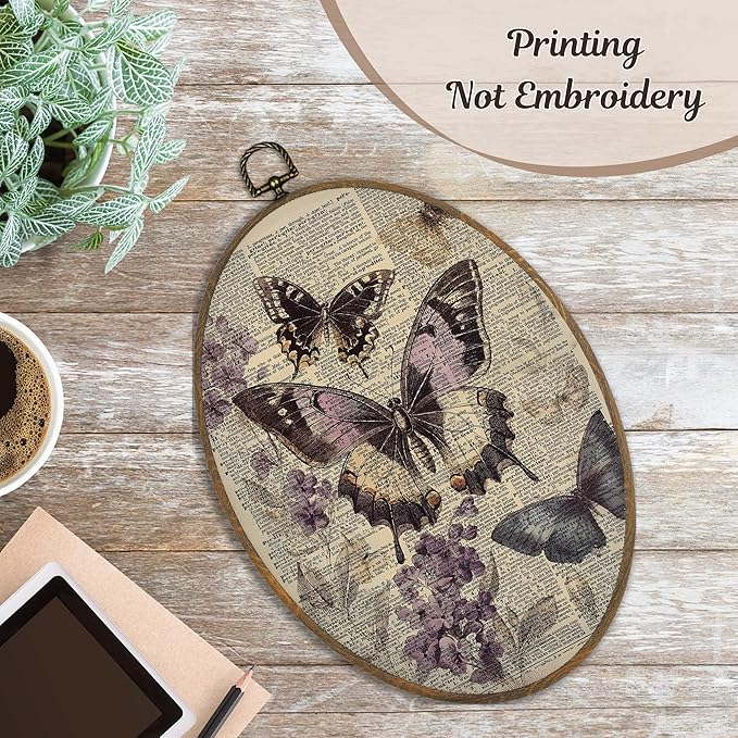 LKETW Vintage Purple Butterfly Oval Wall Art Decor, Cottagecore Dictionary Butterfly Floral Oval Canvas Hanging Decor, Retro Moth Insect Wall Decorations for Home Bedroom Living Room, 8.6x11.4 Inch