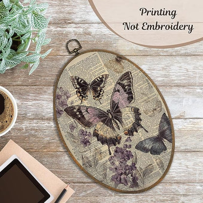 LKETW Vintage Purple Butterfly Oval Wall Art Decor, Cottagecore Dictionary Butterfly Floral Oval Canvas Hanging Decor, Retro Moth Insect Wall Decorations for Home Bedroom Living Room, 8.6x11.4 Inch