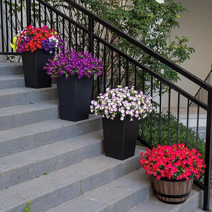 Artificial Faux Flowers for Outdoor 16 Bundles Boxwood Fake Morning Glory for Planter,UV Resistant Fake Flowers for Home Porch Patio Outside（Purple/White）